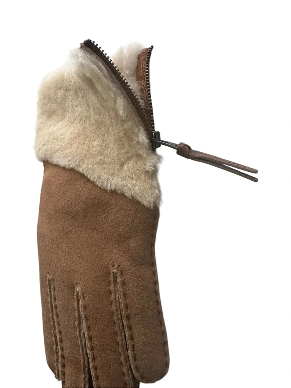 UGG Shearling Fur Cuff Tech Touch Zip Gloves Chestnut Cream Small NWT